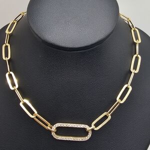 Sterling Silver 925 Gold Plated Paperclip Chain CZ Necklace, 16 inches